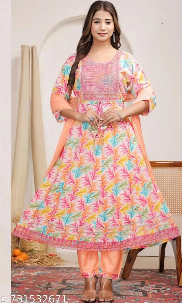 Orange_Printed_Anarkali_Frock_Kurti_With_Dupatta_Floral_Design_For_Women