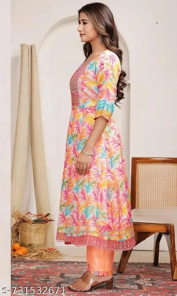 Orange_Printed_Anarkali_Frock_Kurti_With_Dupatta_Floral_Design_For_Women