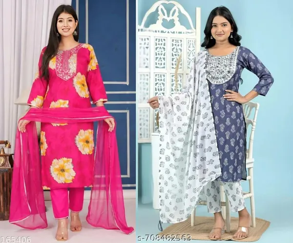 Multicolor_Kurta_Pant_Set_With_Dupatta_For_Women_Combo_Set_Pack_Of_2