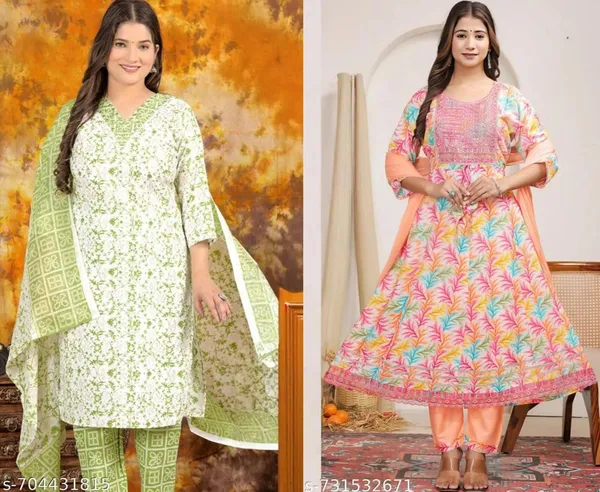 Green_&_Pink_Anarkali_Kurti_With_Dupatta_Set_For_Women_Combo_Set_Pack_Of_2