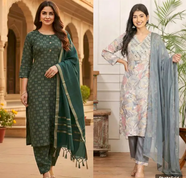 Grey_And_Green_Kurta_Pant_Set_With_Dupatta_Set_Combo_Set_For_Women_Pack_Of_2