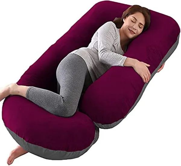 J_Shape_Polyester_Fibre_Solid_Pregnancy_Pillow_Pack_Of_1_Wine_And_Grey