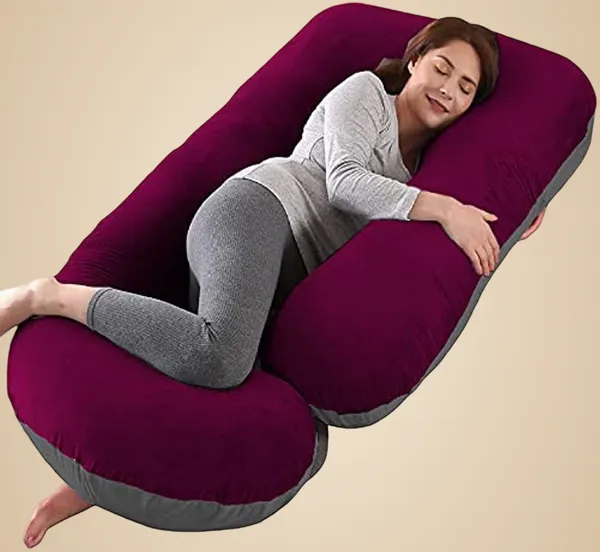 J_Shape_Polyester_Fibre_Solid_Pregnancy_Pillow_Pack_Of_1_Wine_And_Grey