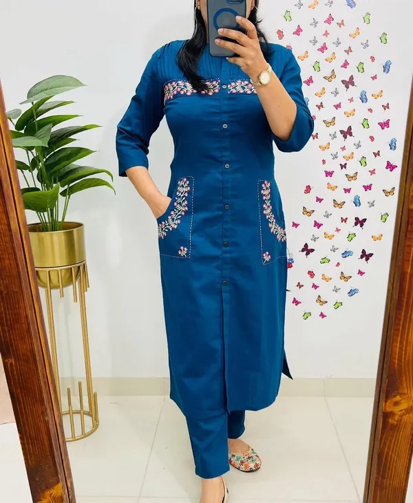 Blue_Cotton_Premium_Straight_Kurta_With_Pants_For_Women_And_Girls
