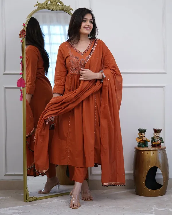 Rust_Cotton_Premium_Ethnic_Kurta_Set_With_Dupatta_For_Women_And_Girls
