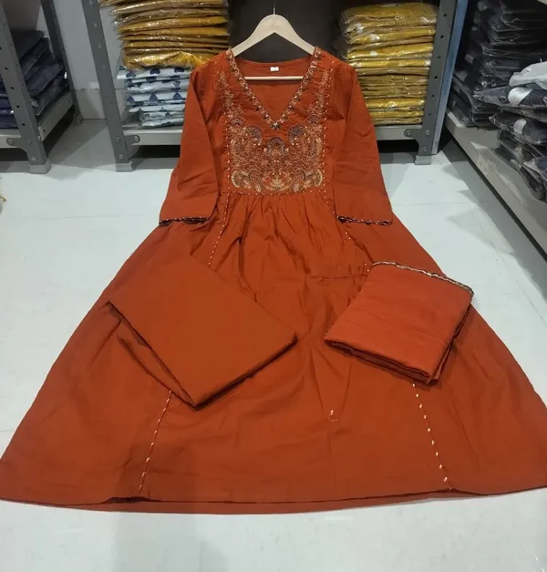 Rust_Cotton_Premium_Ethnic_Kurta_Set_With_Dupatta_For_Women_And_Girls