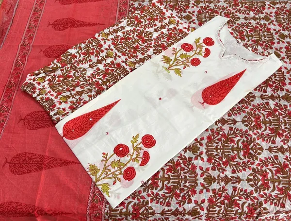 White_Pure_Cotton_Kurti_Set_With_Dupatta_For_Women_And_Girls