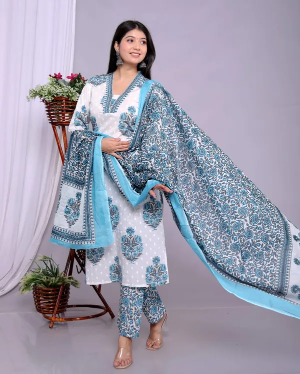 Sky_Blue_Floral_Cotton_Kurta_Set_With_Dupatta_For_Women_And_Girls