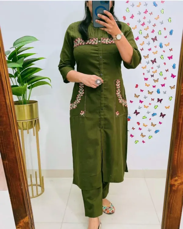 Green_Cotton_Pocket_Style_Kurti_With_Embroidery_And_Pant_Set_For_Women_And_Girls