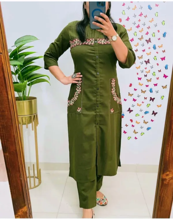 Green_Cotton_Pocket_Style_Kurti_With_Embroidery_And_Pant_Set_For_Women_And_Girls