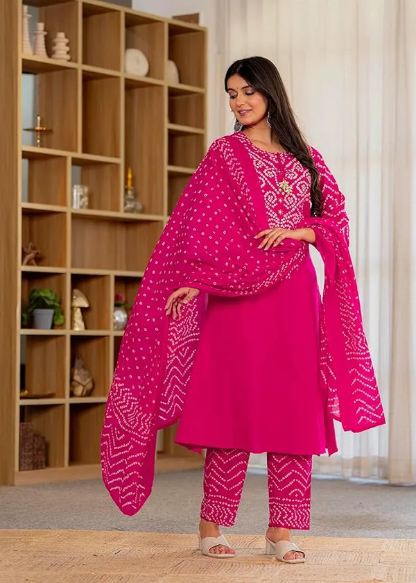 Magenta_Pink_Bandhani_Printed_Pure_Cotton_Kurta_Set_With_Dupatta_For_Women_And_Girls