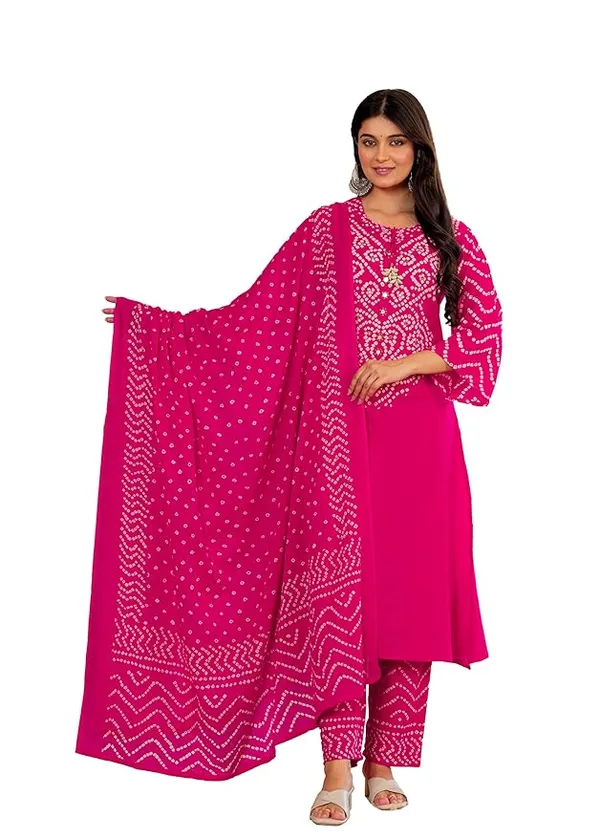 Magenta_Pink_Bandhani_Printed_Pure_Cotton_Kurta_Set_With_Dupatta_For_Women_And_Girls