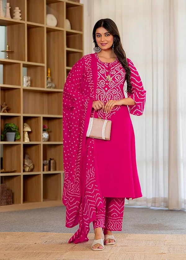 Magenta_Pink_Bandhani_Printed_Pure_Cotton_Kurta_Set_With_Dupatta_For_Women_And_Girls
