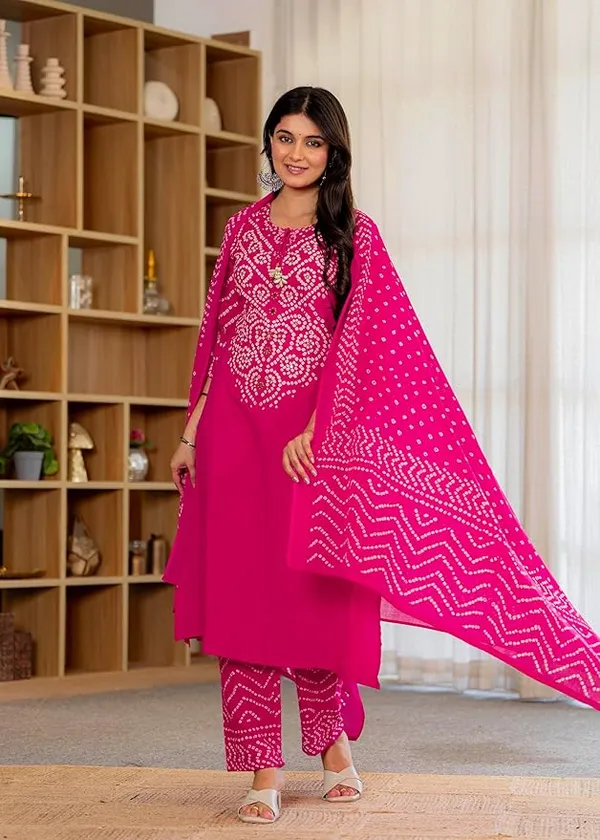Magenta_Pink_Bandhani_Printed_Pure_Cotton_Kurta_Set_With_Dupatta_For_Women_And_Girls