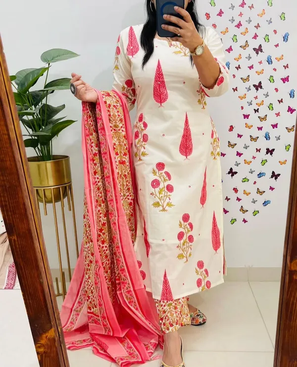 White_Pure_Cotton_Kurti_Set_With_Dupatta_For_Women_And_Girls