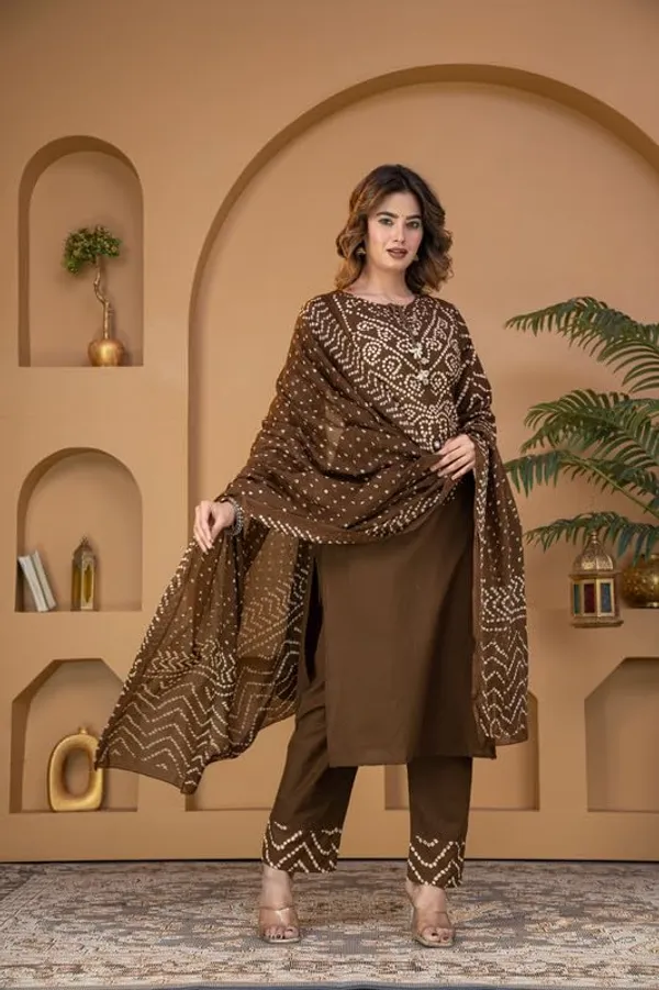 Brown_Bandhani_Print_Kurta_Set_With_Dupatta_For_Women_And_Girls