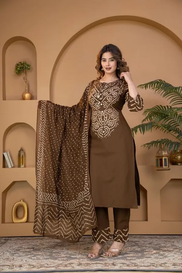 Brown_Bandhani_Print_Kurta_Set_With_Dupatta_For_Women_And_Girls