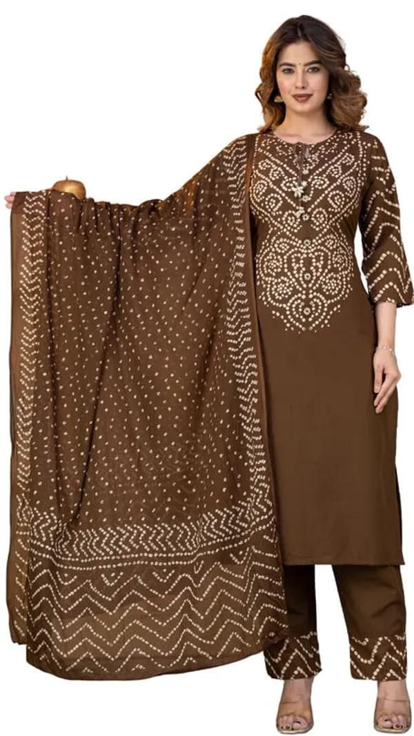 Brown_Bandhani_Print_Kurta_Set_With_Dupatta_For_Women_And_Girls