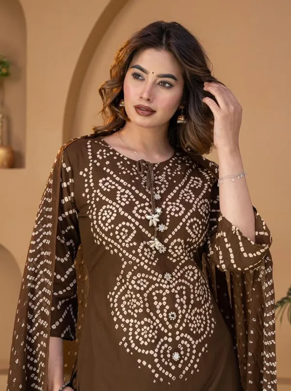Brown_Bandhani_Print_Kurta_Set_With_Dupatta_For_Women_And_Girls