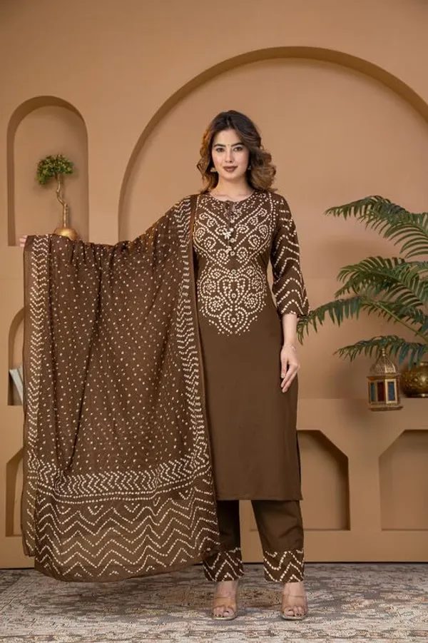 Brown_Bandhani_Print_Kurta_Set_With_Dupatta_For_Women_And_Girls