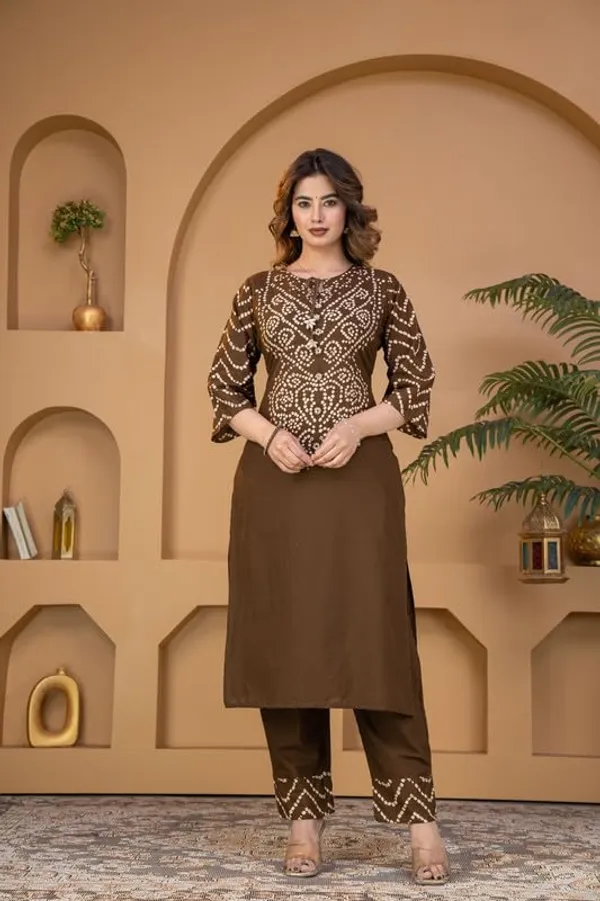 Brown_Bandhani_Print_Kurta_Set_With_Dupatta_For_Women_And_Girls