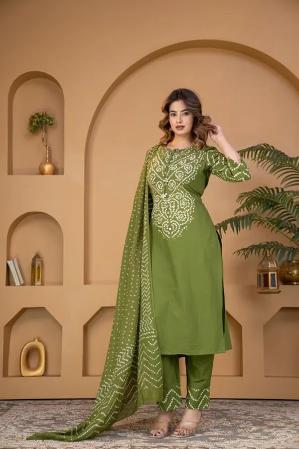 Mehandi_Green_Bandhani_Print_Kurta_Set_With_Dupatta_For_Women_And_Girls
