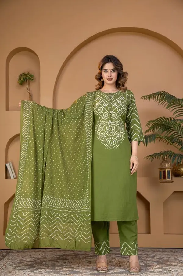 Mehandi_Green_Bandhani_Print_Kurta_Set_With_Dupatta_For_Women_And_Girls