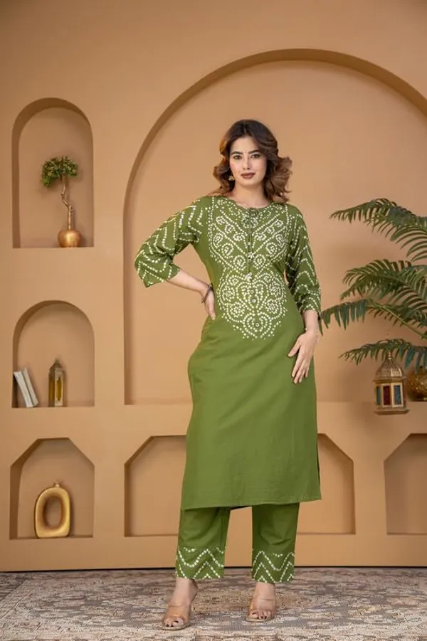 Mehandi_Green_Bandhani_Print_Kurta_Set_With_Dupatta_For_Women_And_Girls