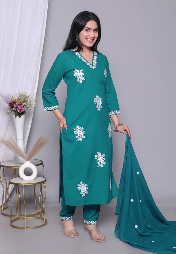 Sea_Green_Cotton_Premium_Kurta_Set_With_Dupatta_For_Women_And_Girls