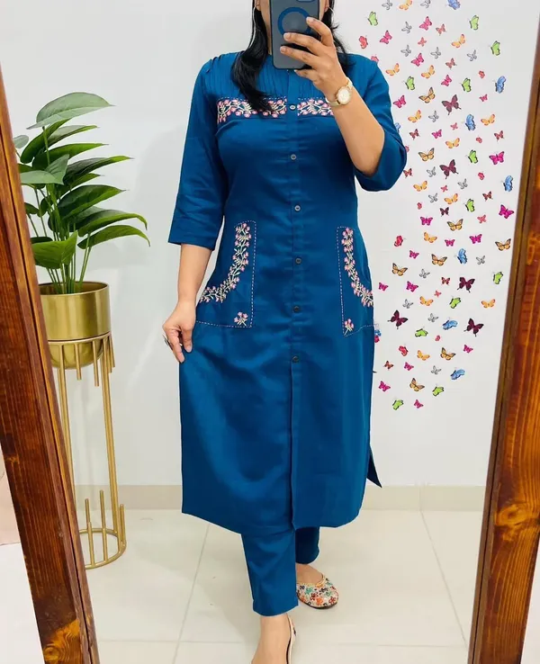 Blue_Cotton_Premium_Straight_Kurta_With_Pants_For_Women_And_Girls
