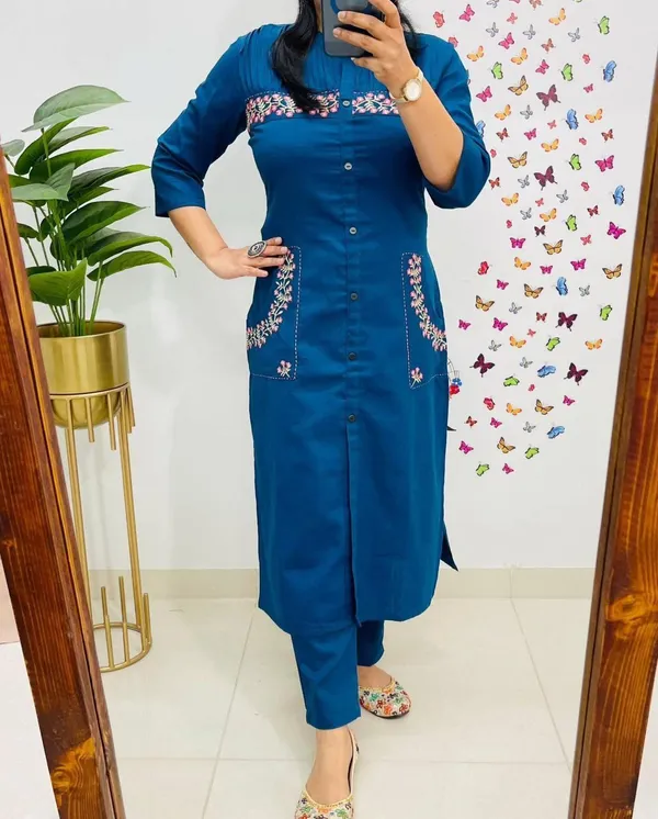 Blue_Cotton_Premium_Straight_Kurta_With_Pants_For_Women_And_Girls