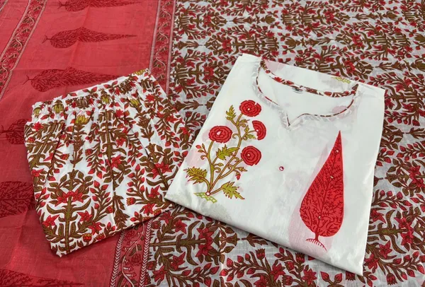 White_Pure_Cotton_Kurti_Set_With_Dupatta_For_Women_And_Girls