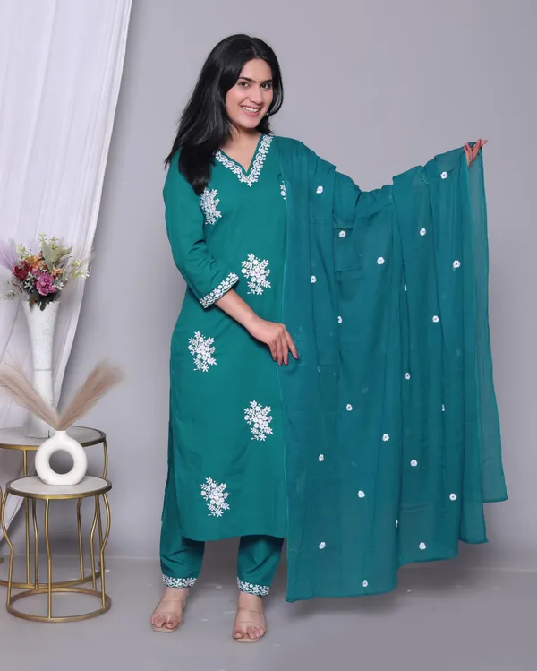Sea_Green_Cotton_Premium_Kurta_Set_With_Dupatta_For_Women_And_Girls