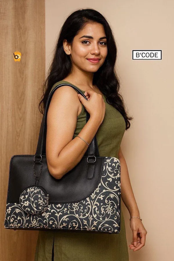 Black_Pu_Cotton_With_Vegan_Leather_Laptop_Tote_Bag_For_Daily_Office__Work_Use