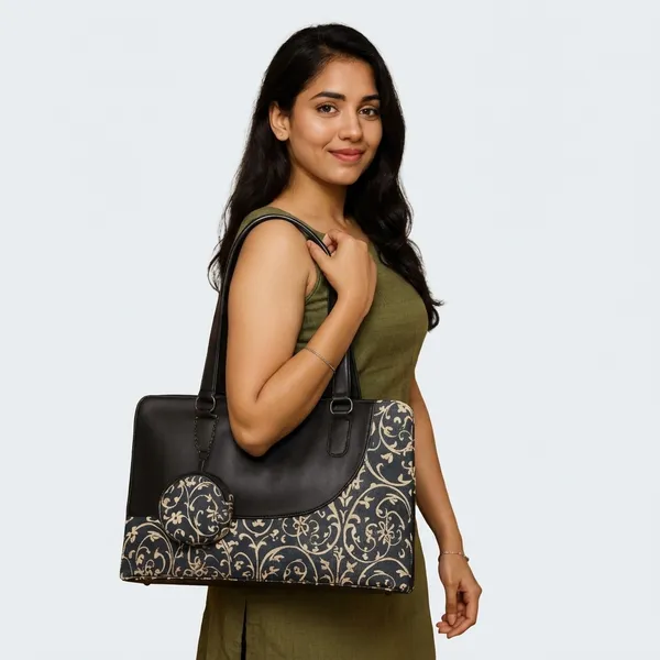 Black_Pu_Cotton_With_Vegan_Leather_Laptop_Tote_Bag_For_Daily_Office__Work_Use