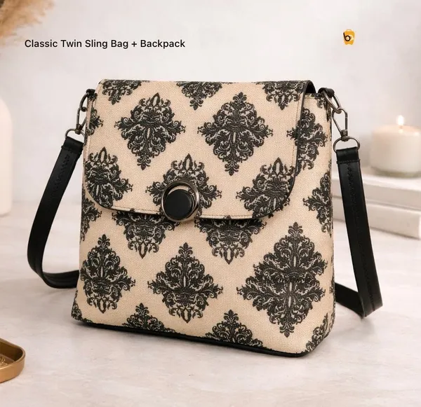 Beige_And_Black_Soft_Jute_Canvas_With_Pu_Leather_Sling_Bag_With_Backpack_For_Daily_Office_Work_Use