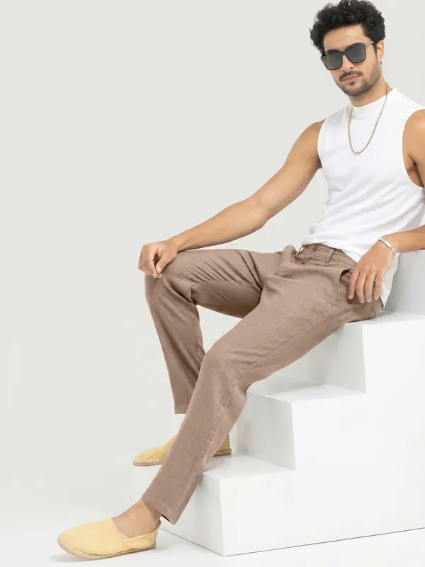 Brown_cool__linen_Flat_Front_trousers__for_Men