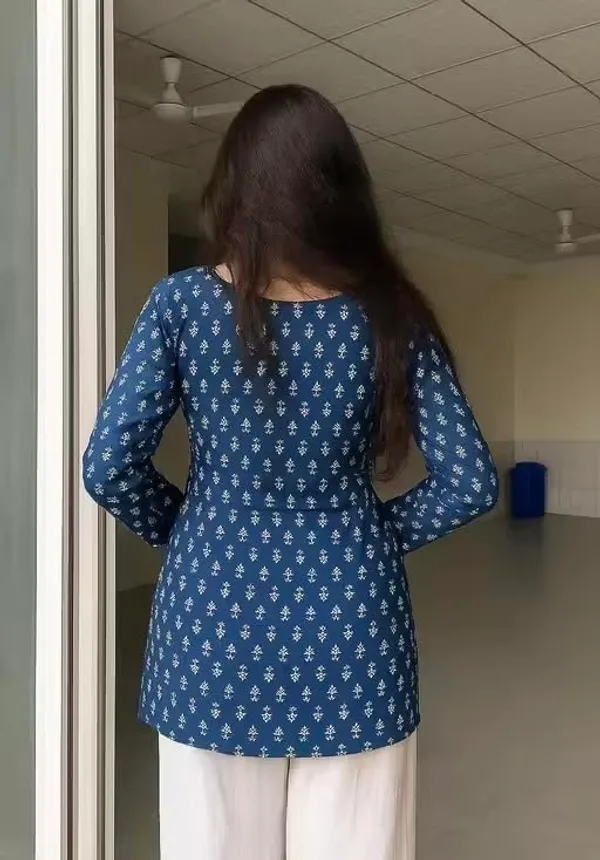 Blue_Rayon_Floral_Printed_Full_Sleeves_V_Neck_Short_Kurti_For_Woman_Stylish_Ethnic_Top_Daily_Casual_Western_Office_Wear_For_Women