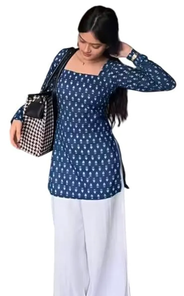 Blue_Rayon_Floral_Printed_Full_Sleeves_V_Neck_Short_Kurti_For_Woman_Stylish_Ethnic_Top_Daily_Casual_Western_Office_Wear_For_Women
