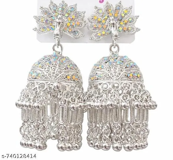 Silver_Plated_Peacock_Jhumka_Earrings_Iridescent_Crystal_Studded_Traditional_Chandbali_Dangles_With_Tiered_Ghungroo_Drops
