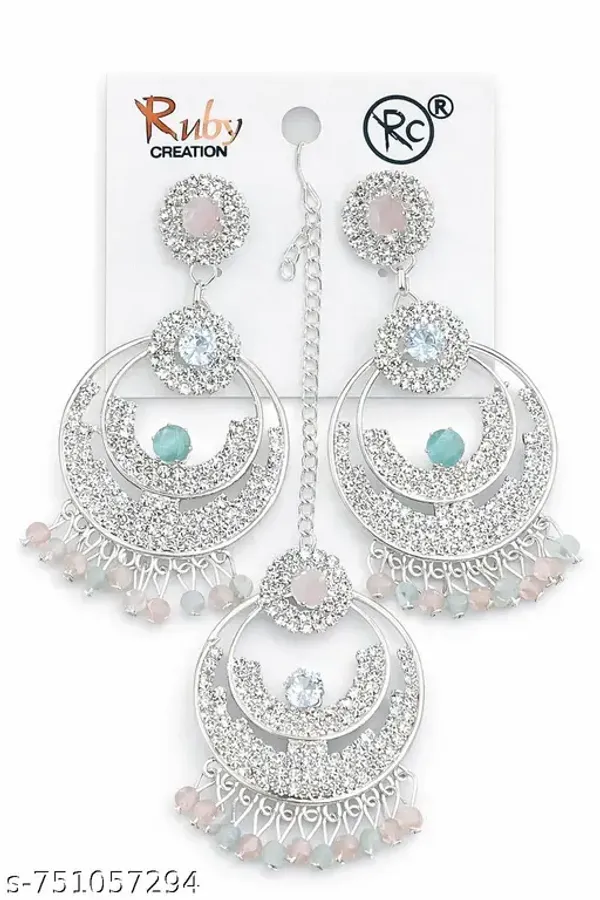 Silver_Ethereal_Silver_Chandbali_Earrings_With_Matching_Maang_Tikka_Mint_Blush_Accents