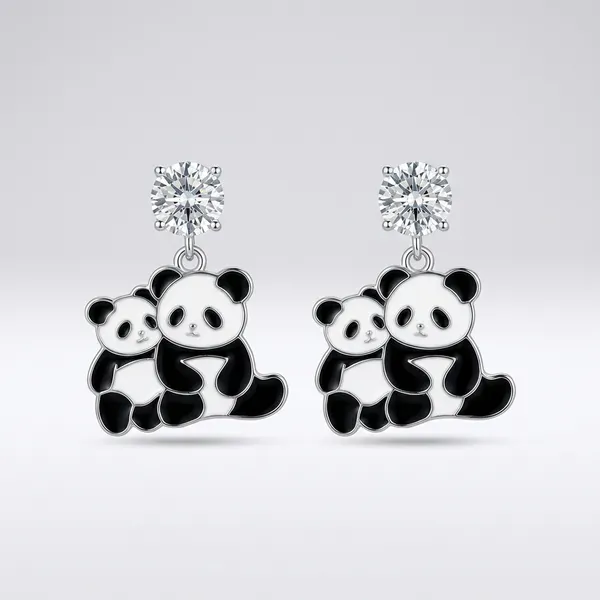 Silver_And_Black_Adorable_Mother_Baby_Panda_Dangle_Earrings_Sparkly_Crystal_Studs