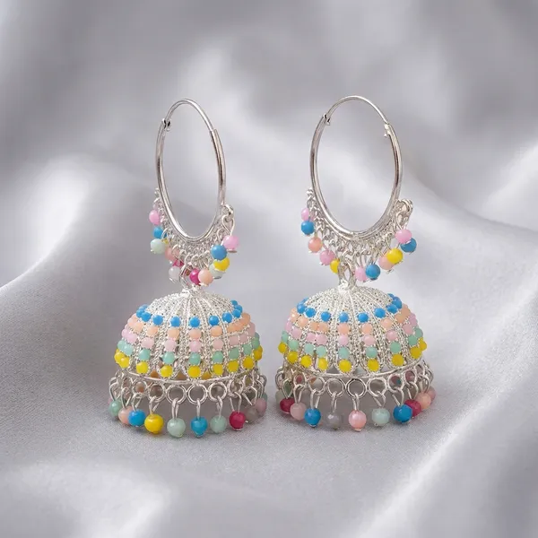 Vibrant_Multicolor_Beaded_Jhumka_Earrings_Silver_Plated_Hoop_Style_Traditional_Indian_Dangle_Earrings_For_Women