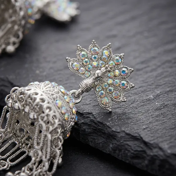 Silver_Plated_Peacock_Jhumka_Earrings_Iridescent_Crystal_Studded_Traditional_Chandbali_Dangles_With_Tiered_Ghungroo_Drops