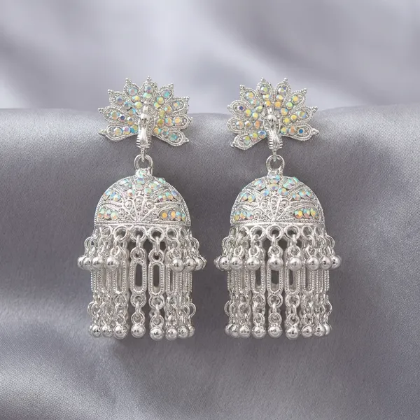 Silver_Plated_Peacock_Jhumka_Earrings_Iridescent_Crystal_Studded_Traditional_Chandbali_Dangles_With_Tiered_Ghungroo_Drops