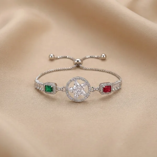 Silver_Adjustable_Crystal_Halo_Bracelet_Green_Red_Gemstone_Star_Charm_Bracelet