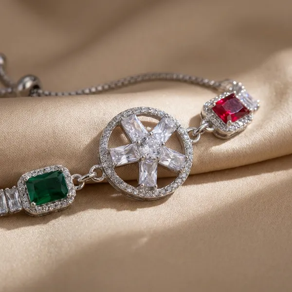 Silver_Adjustable_Crystal_Halo_Bracelet_Green_Red_Gemstone_Star_Charm_Bracelet