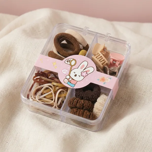 Brown_Kawaii_Bunny_Hair_Accessory_Organizer_4_Compartment_Travel_Kit_With_Clips_Elastics