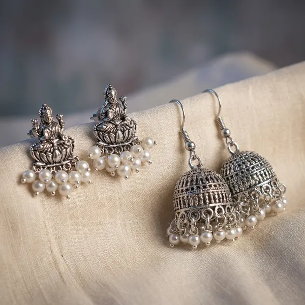 Silver_And_Gold_Traditional_Indian_Jhumka_Stud_Earring_Combo_Oxidized_Silver_Gold_Plated_Temple_Jewellery_Set_Pack_Of_3