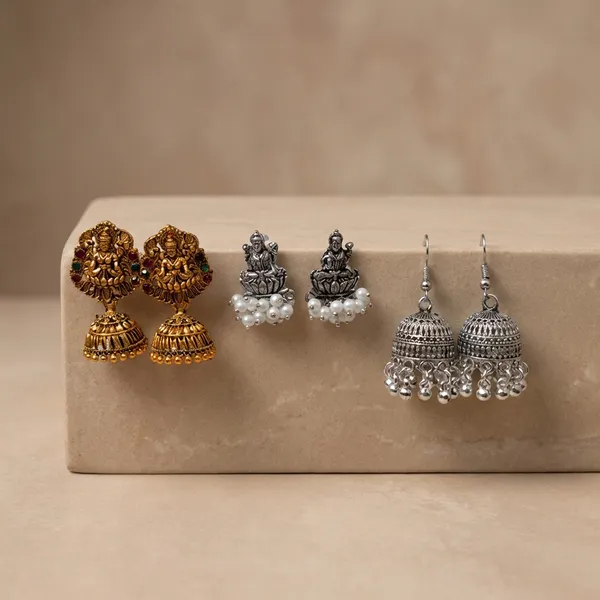 Silver_And_Gold_Traditional_Indian_Jhumka_Stud_Earring_Combo_Oxidized_Silver_Gold_Plated_Temple_Jewellery_Set_Pack_Of_3